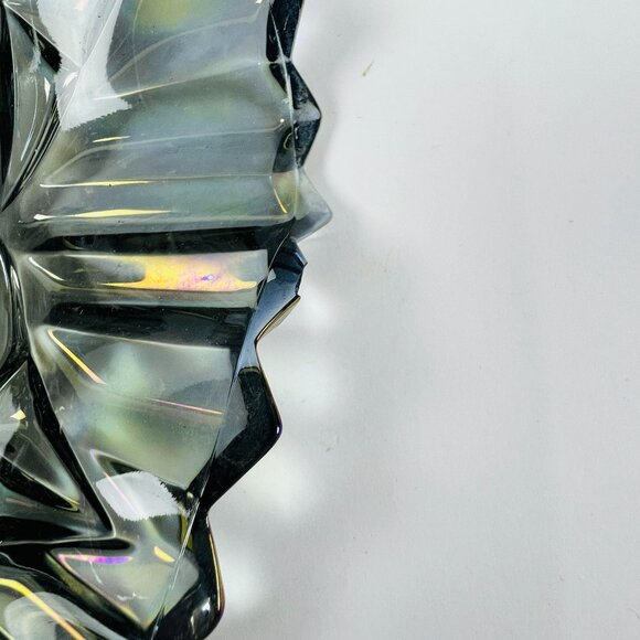 Vintage Carnival Glass Fruit Bowl Iridescent Clear Gray Scalloped Diamond Rim - Picture 5 of 10